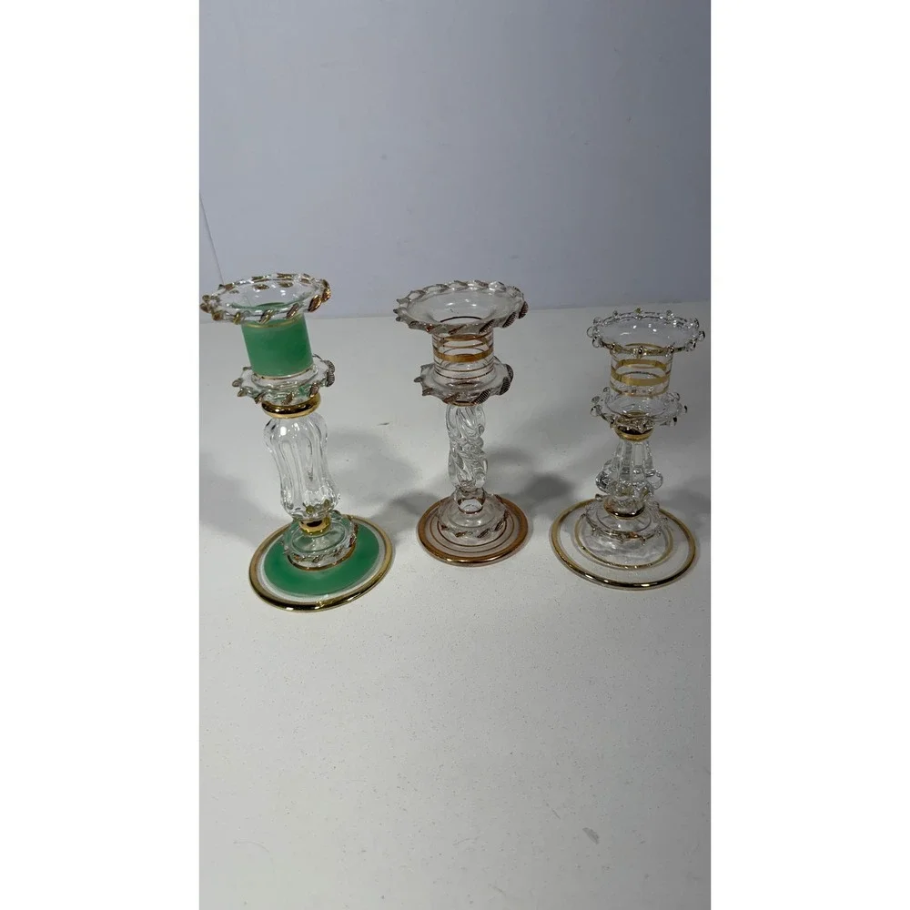 Vintage Murano Style Glass Candlestick Holders Set of 3 Gold Trim Green Clear